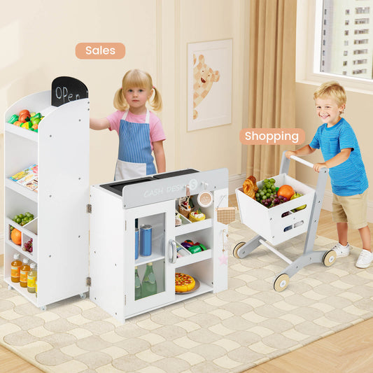 Kids Grocery Store Playset Convertible with Shopping Cart and Movable Checkout Belt-White