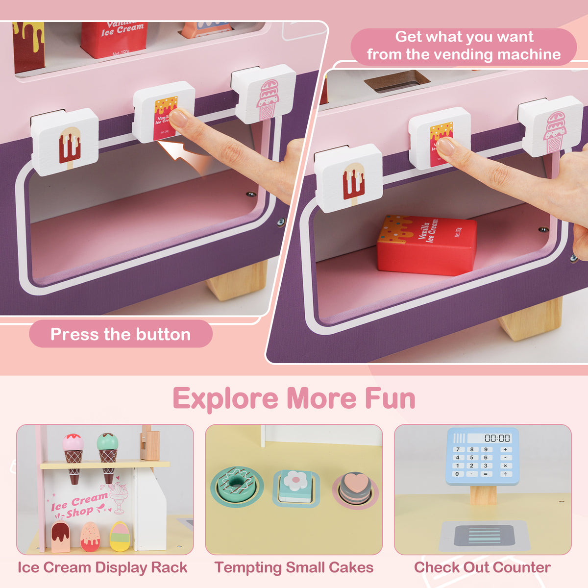 Kids Ice Cream Cart Truck Pretend Play Set for Toddlers-Pink