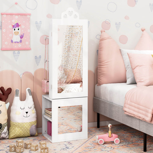 Kids Jewelry Armoire Full Length Mirror with Coat Rack and Storage Shelves-White