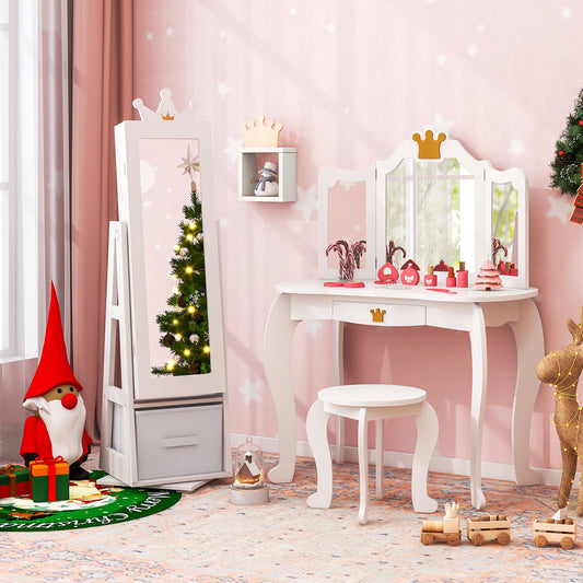 Kids Jewelry Cabinet Standing Jewelry Organizer with Full-Length Mirror-White