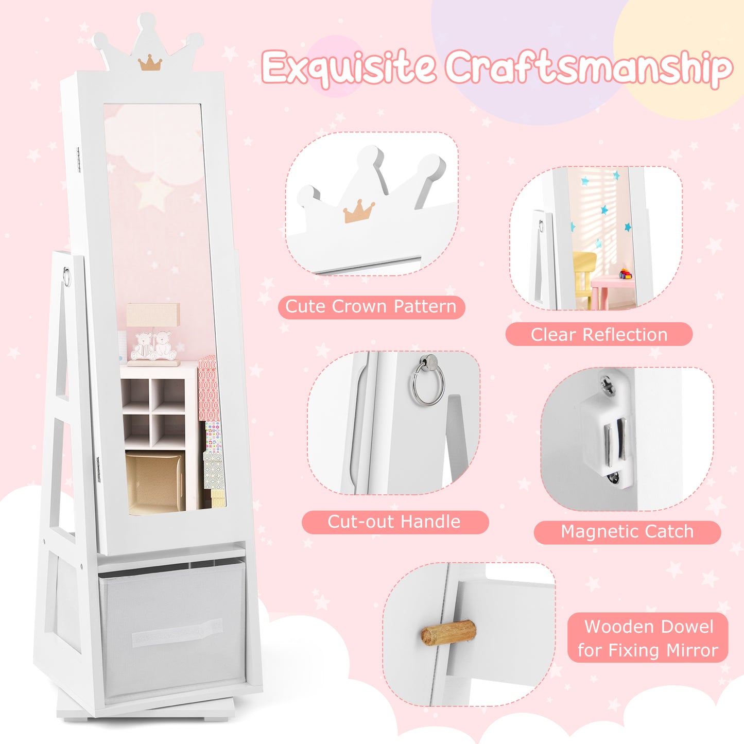 Kids Jewelry Cabinet Standing Jewelry Organizer with Full-Length Mirror-White