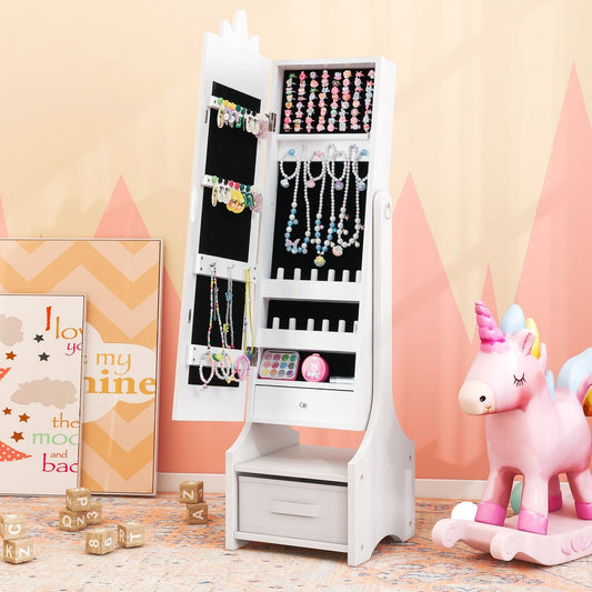 Kids Jewelry Cabinet with Full-Length Mirror for Kids Bedroom and Playroom-White