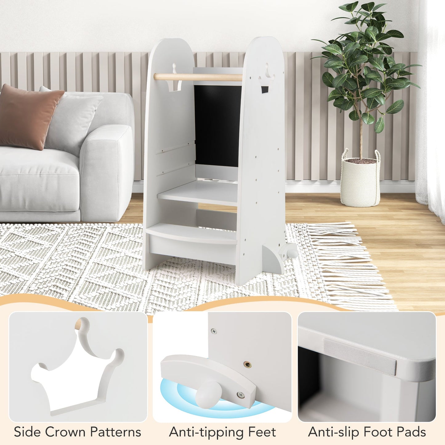 Kids Kitchen Tower Adjustable with Chalkboard and Safety Rail-White