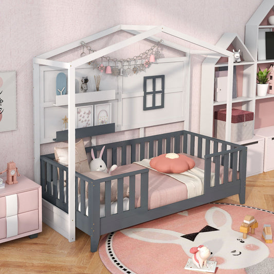 Kids Montessori Wood House Bed Bed with 2 Shelves and Guardrails-Gray & White-Single Size
