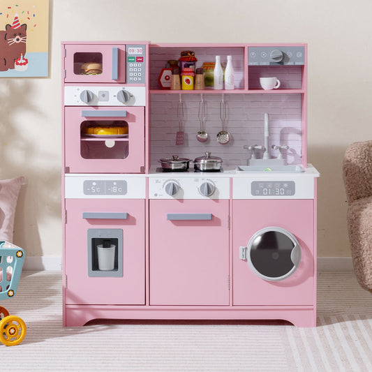 Kids Play Kitchen Toy Set with Water Dispenser and Sink-Pink