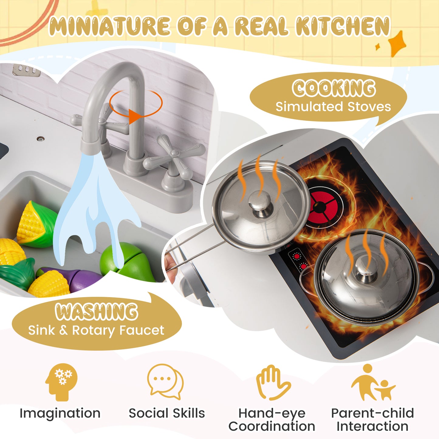 Kids Play Kitchen Toy Set with Water Dispenser and Sink-White