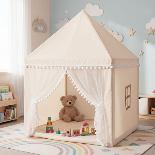 Kids Play Tent with Soft Sponge Padded Mat and Solid Wood Frame-Beige