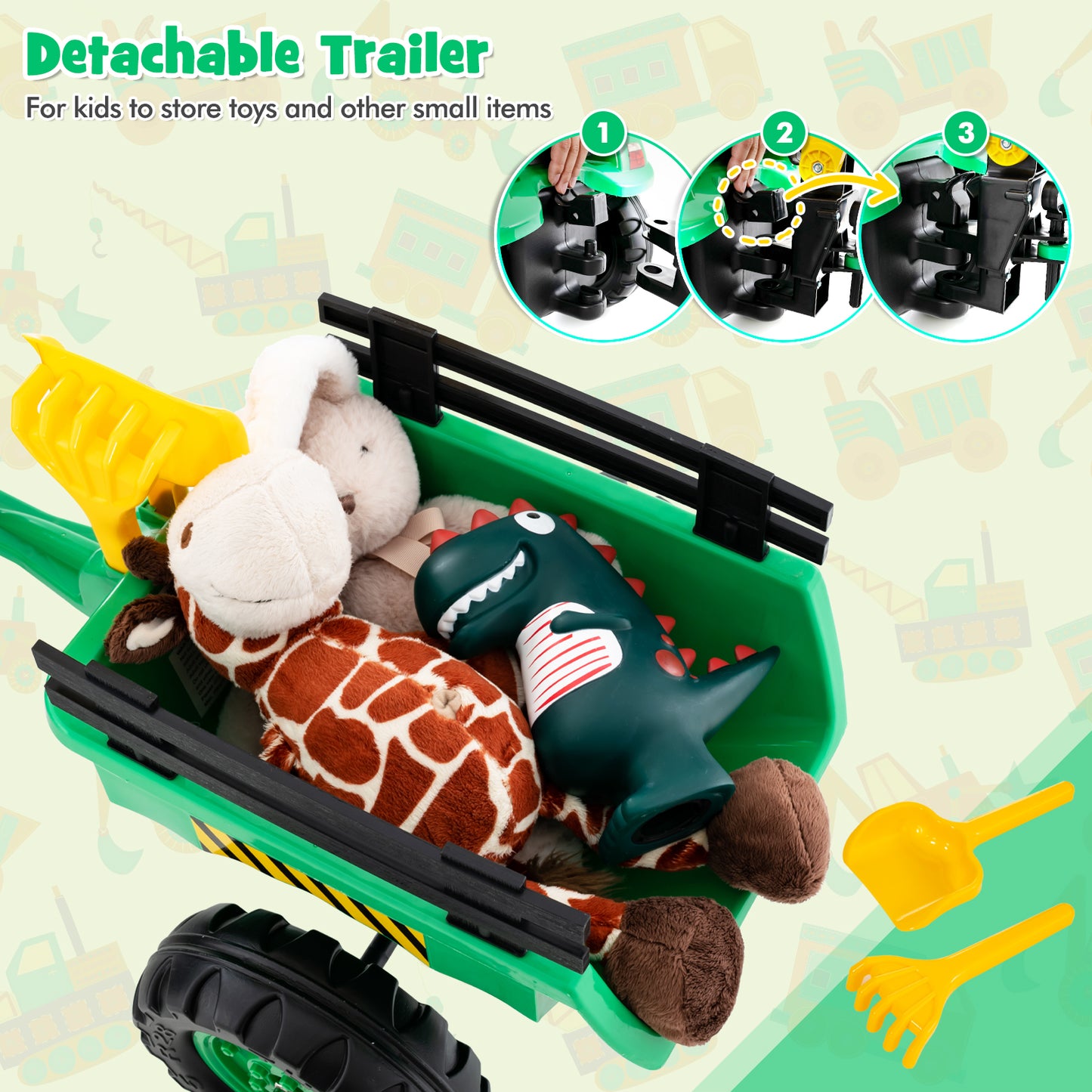 3-in-1 Kids Ride On Pedal Excavator with Detachable Trailer-Green