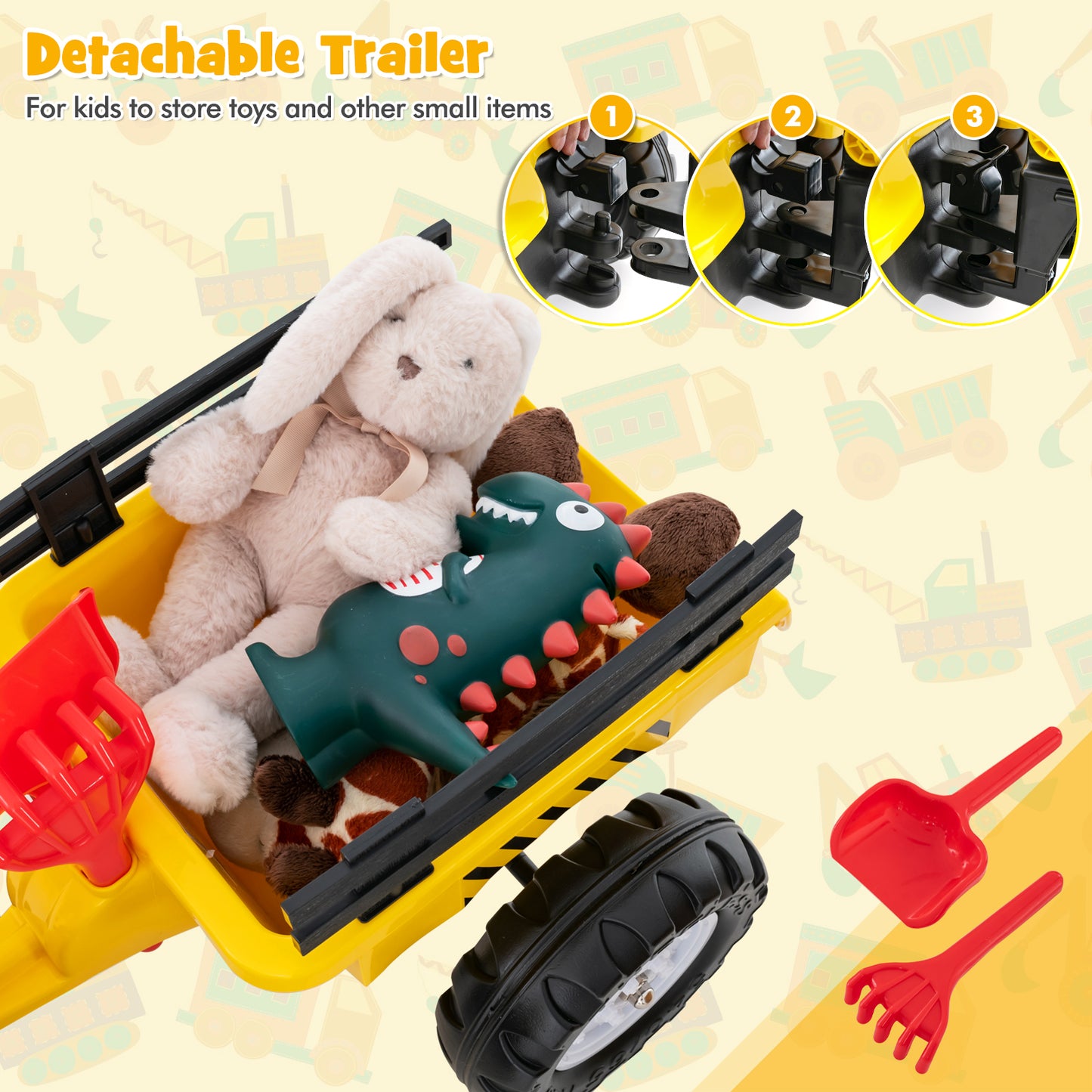3-in-1 Kids Ride On Pedal Excavator with Detachable Trailer-Yellow