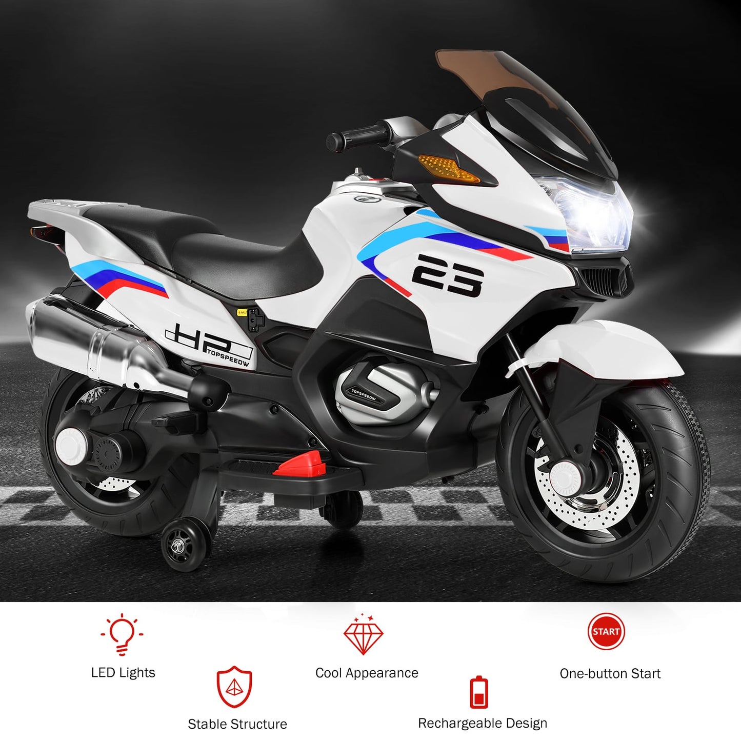 12V Electric Battery Powered Ride On Motorcycle with Training Wheels-White