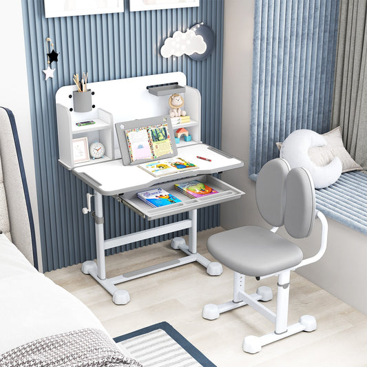Kid's Study Desk and Chair Set with Tilt Desktop and Footrest Bar-Grey