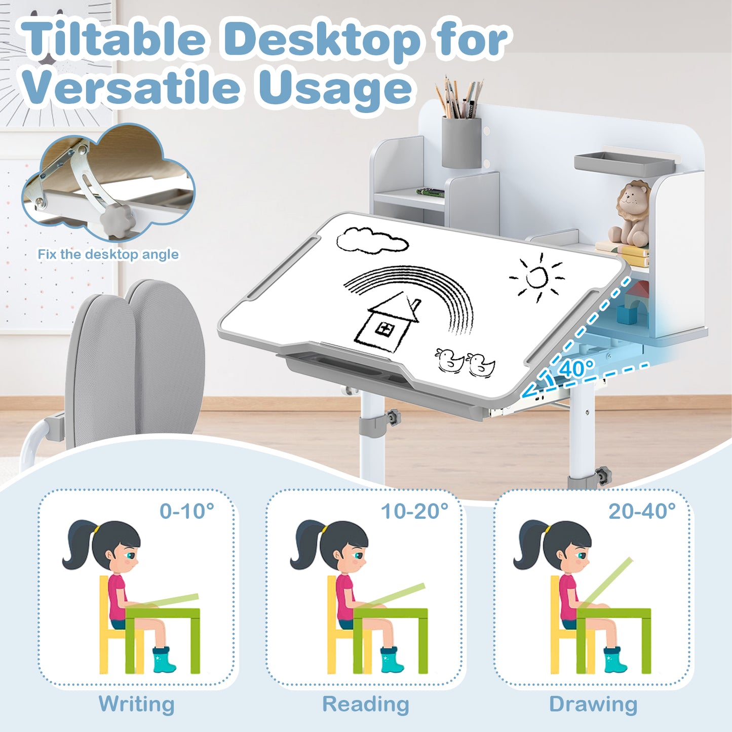 Kid's Study Desk and Chair Set with Tilt Desktop and Footrest Bar-Grey