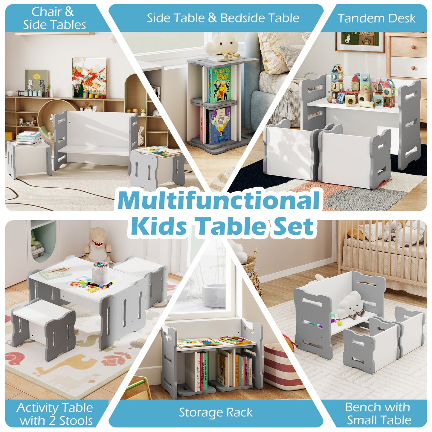 Kids Table and Chair Set 3-Piese Toddler Set with 2 Stools and Activity Table-Grey