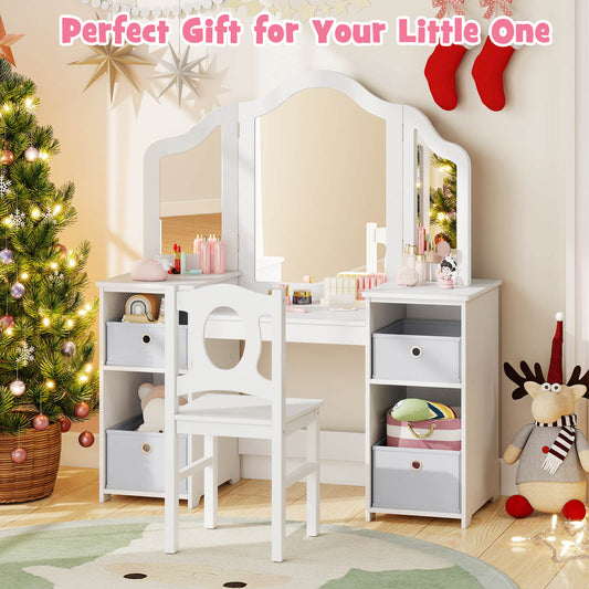 Kids Vanity Desk and Chair 2 in 1 Toddler Makeup Pretend Play Table-Gray & White