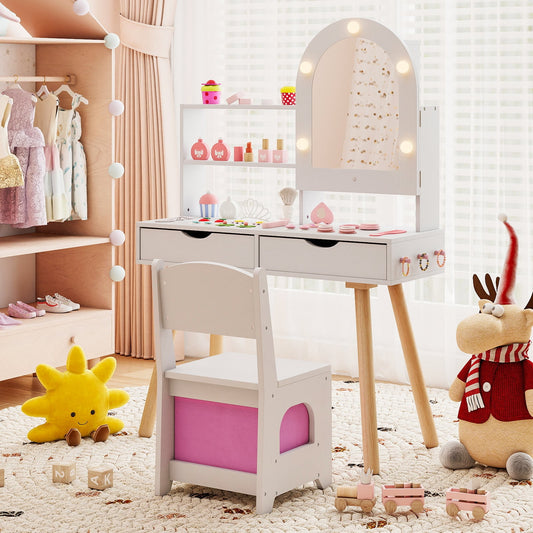 Kids Vanity Set Pretend Play Dressing Table Set with 3-Color Lighting Modes-White
