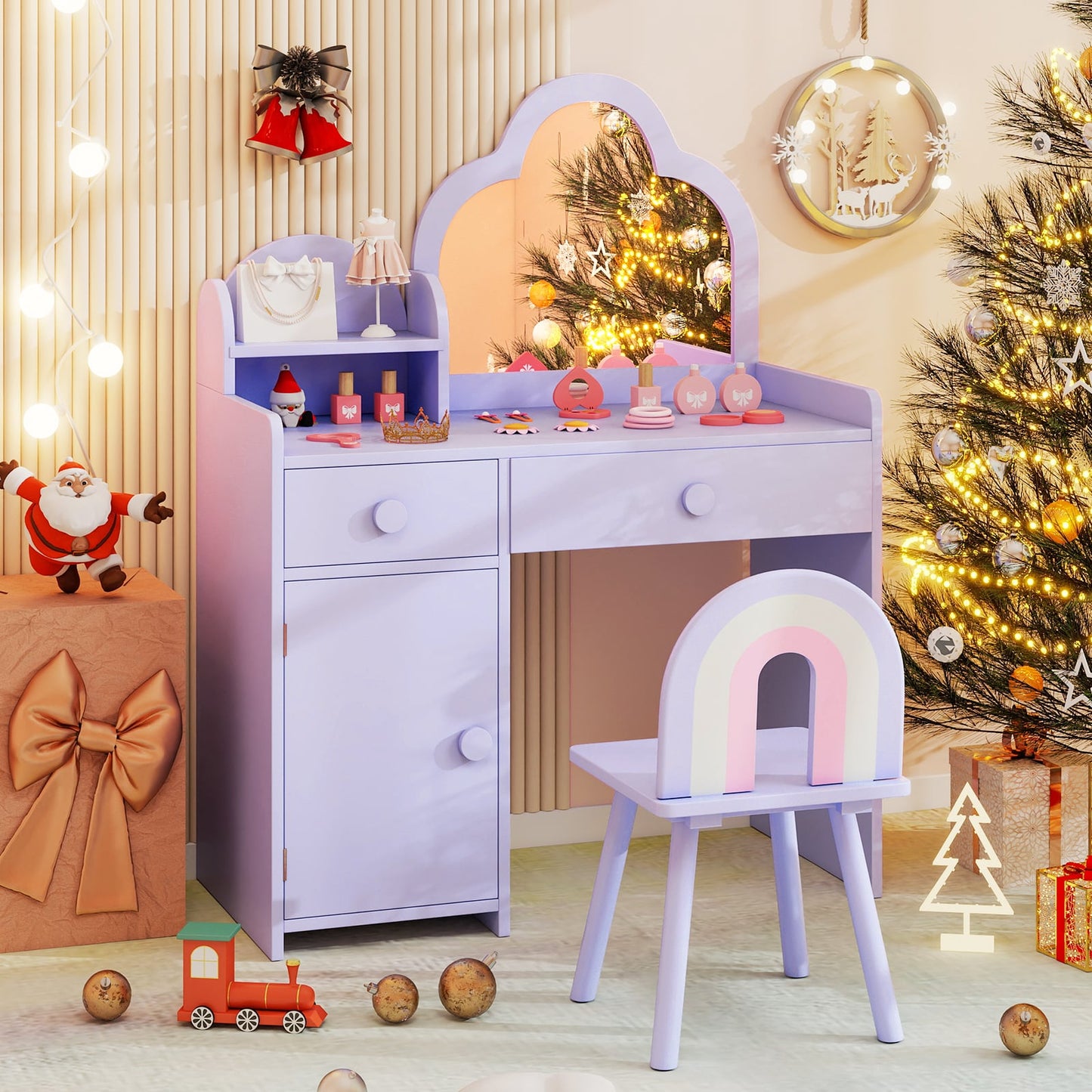 Kids Vanity Table and Chair Set with Cloud-shaped Mirror and Shelf Drawers-Purple