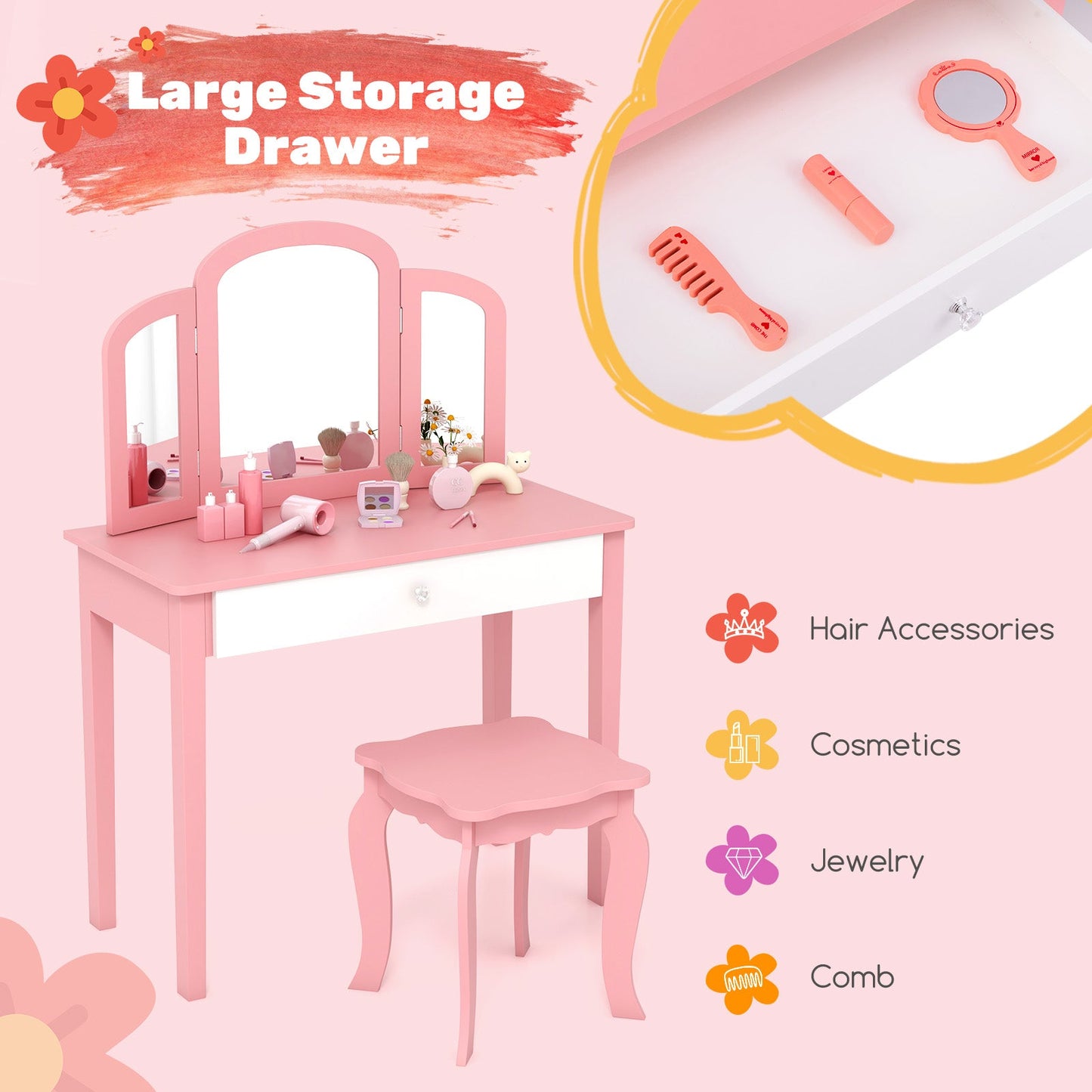Kids Vanity Table and Stool Set Princess Makeup Dressing Table-Pink