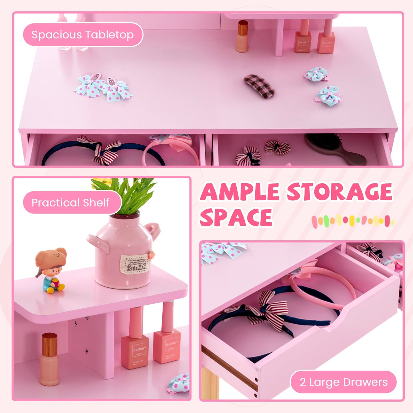 Kids Vanity Table and Stool Set with Square Mirror and Storage Shelf-Light Pink