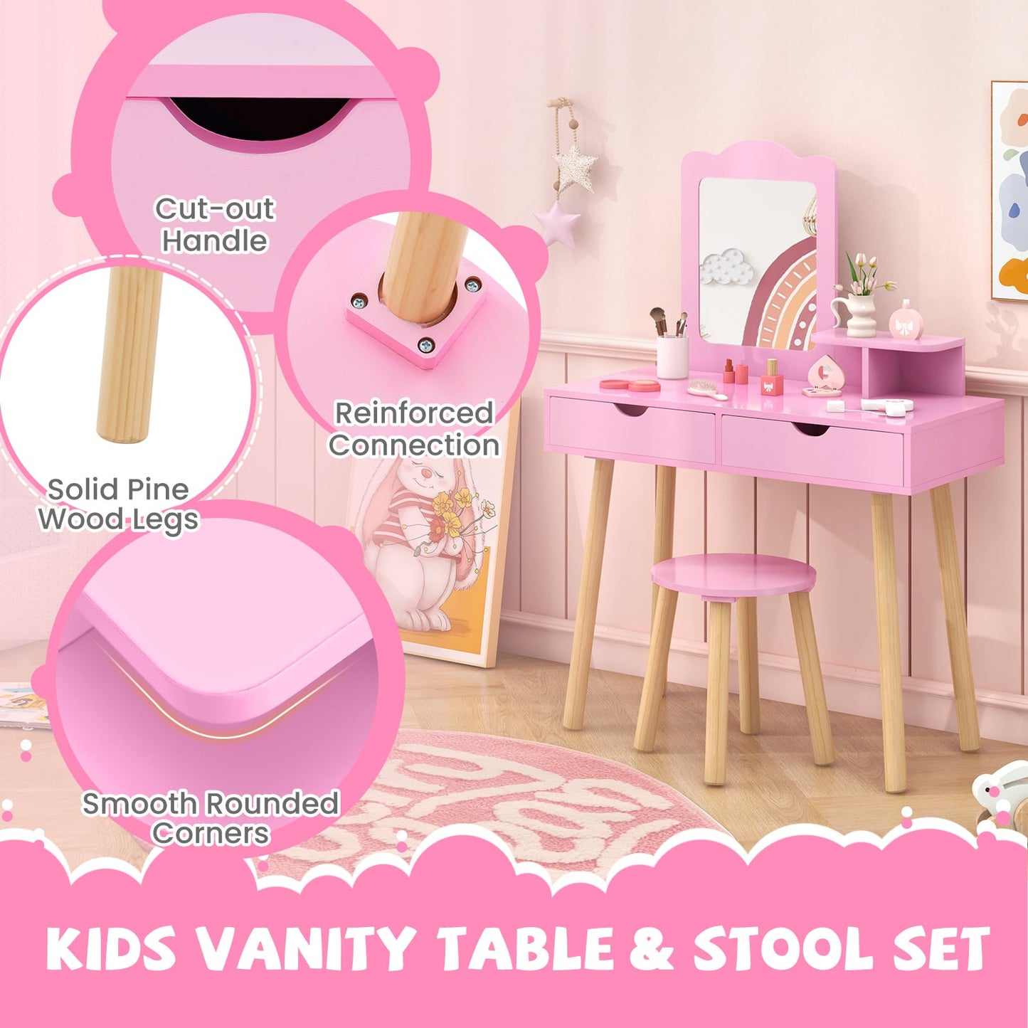 Kids Vanity Table and Stool Set with Square Mirror and Storage Shelf-Light Pink