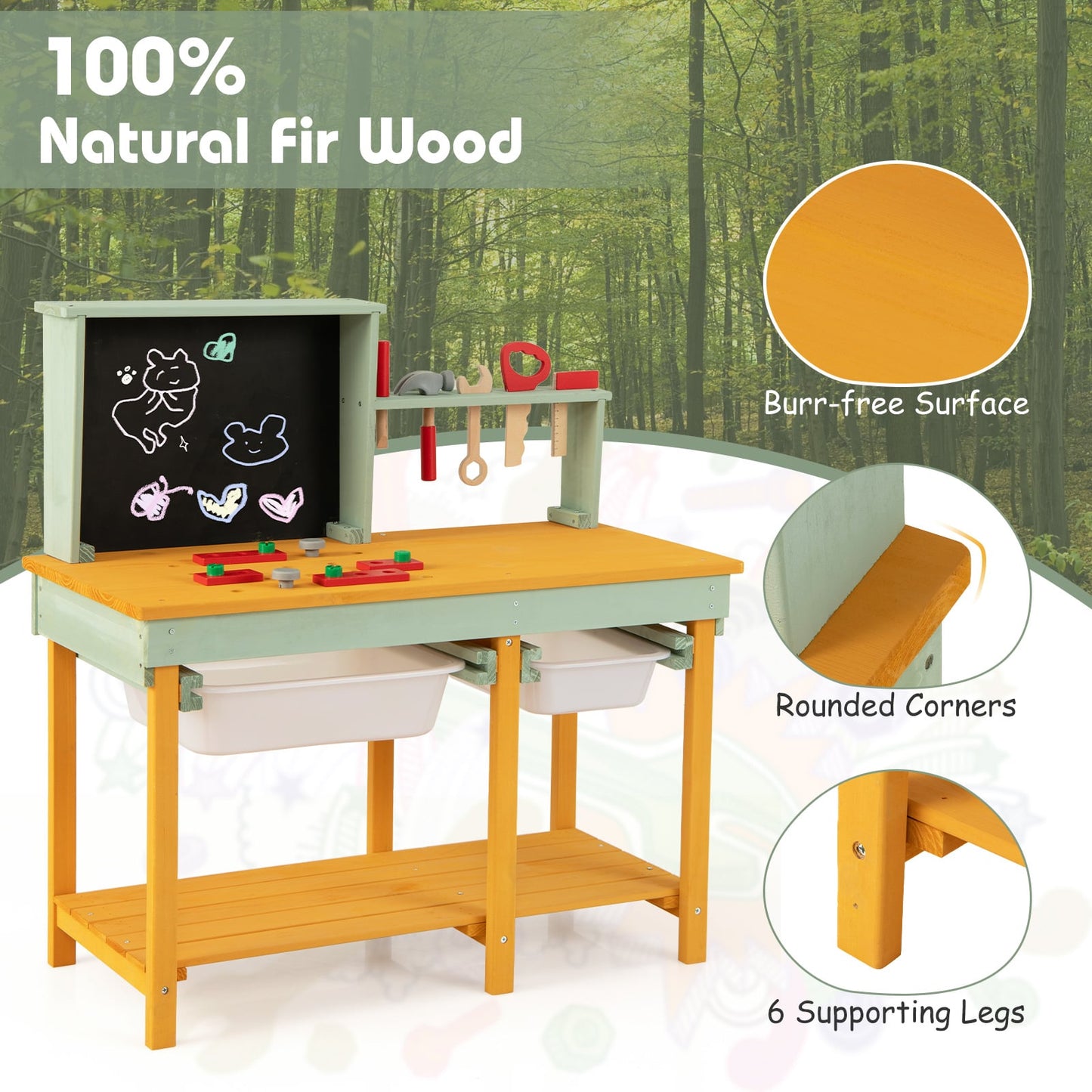 Kids Wooden Toy Workbench with Blackboard for Ages 3-8 Years Old