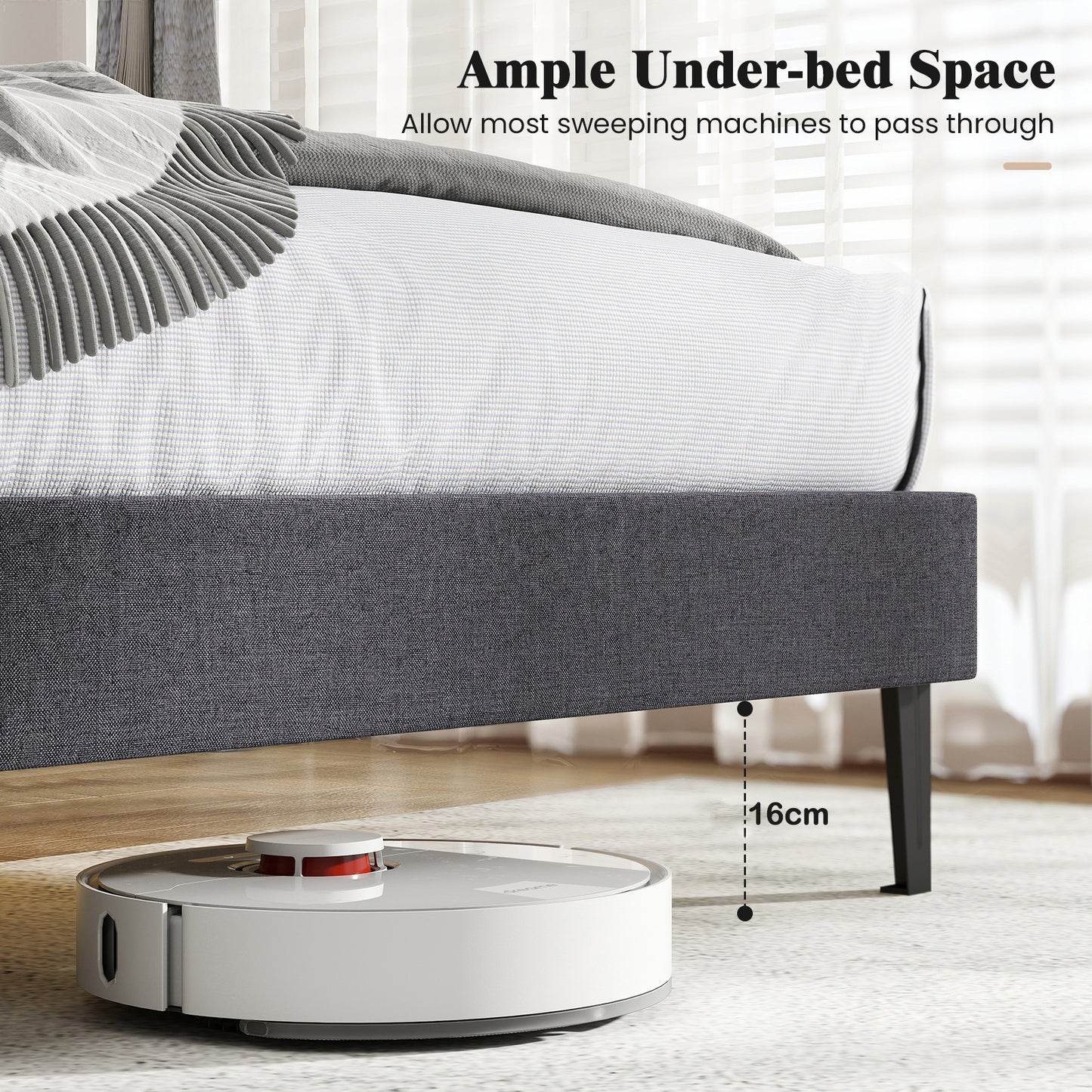 King/Double Size Linen Fabric Bed Frame with Height Adjustable Headboard-Grey-Double Size