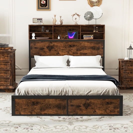 King Size Bed Frame with Charging Station and Storage Headboard-Double Size