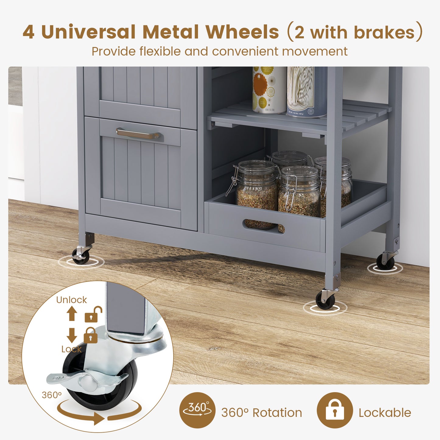 Kitchen Island Rolling Cart Utility Cart on Lockable Wheels with 3 Drawers-Gray