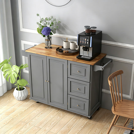 Kitchen Island Trolley with 3 Drawers and 2-door Cabinet-Gray