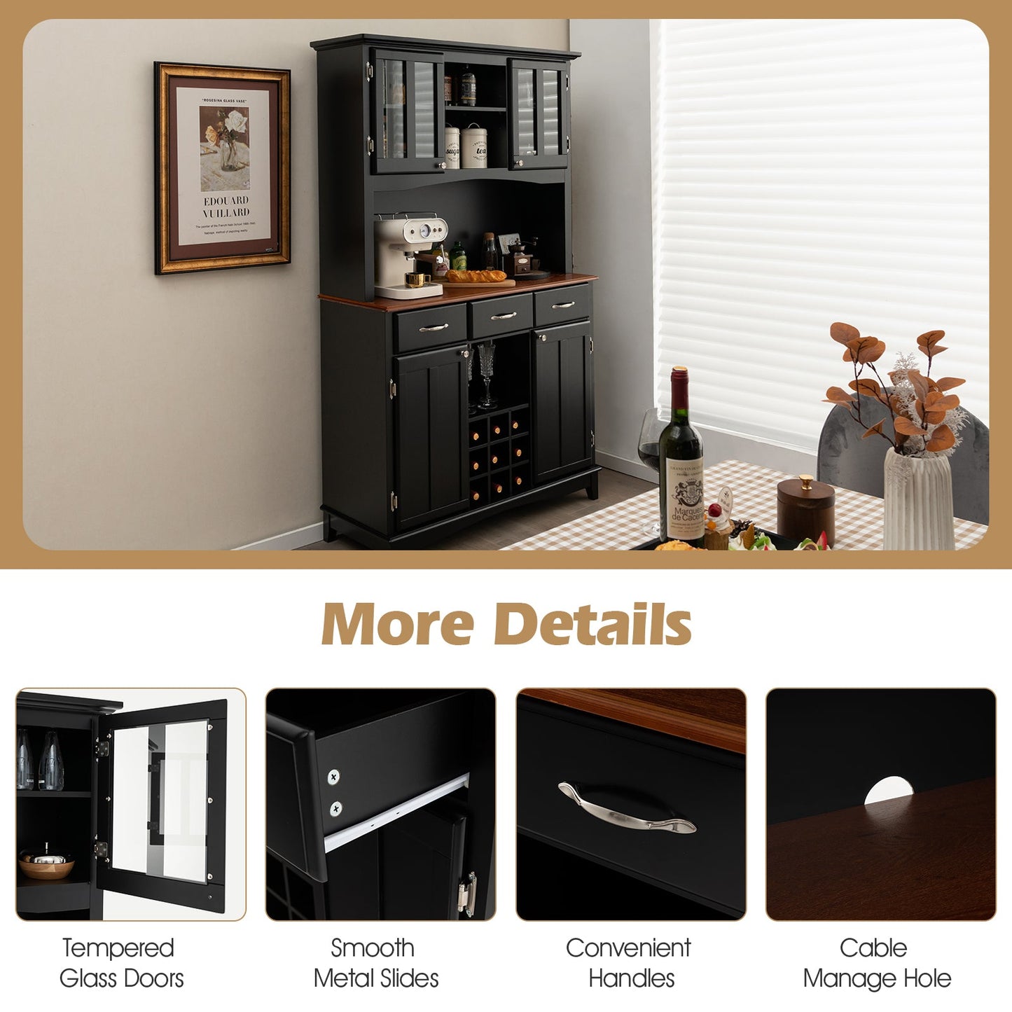 Kitchen Cupboard with Adjustable Shelves and Drawers-Black