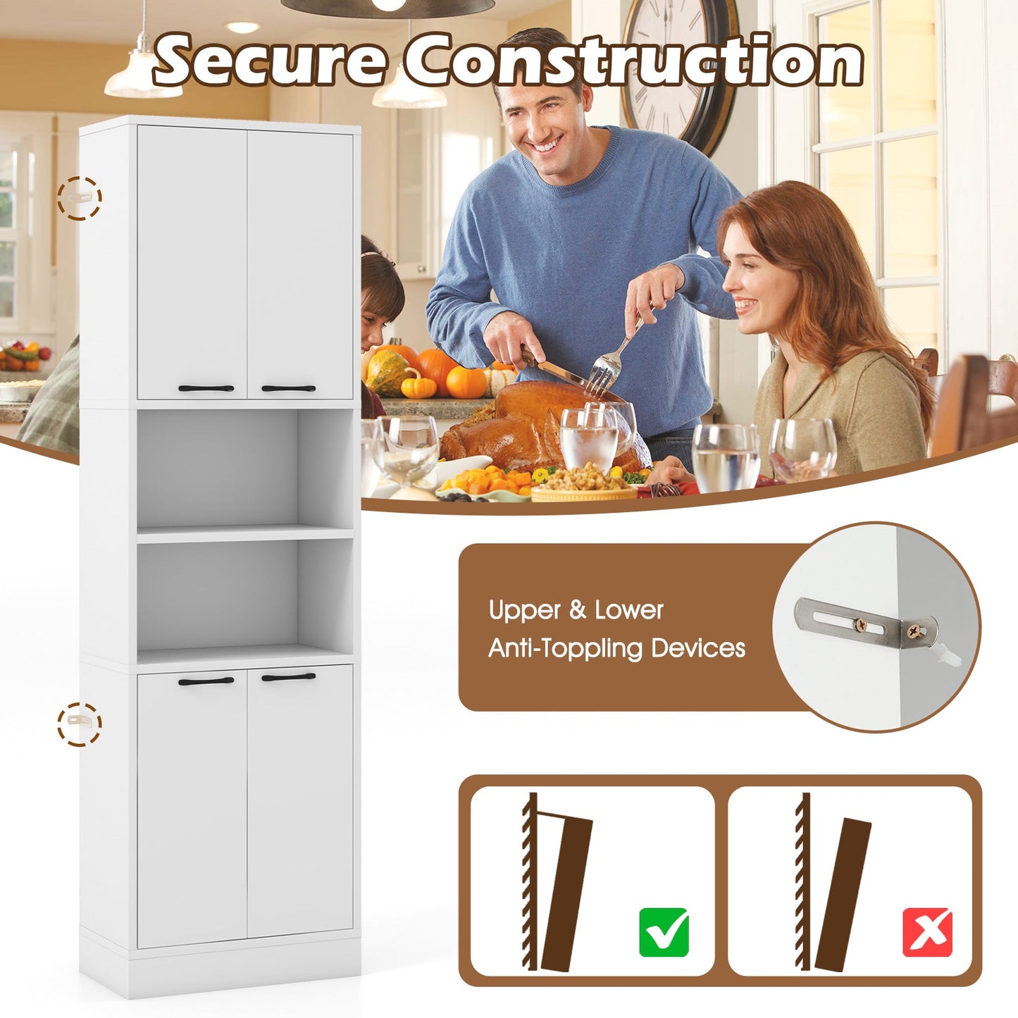 75 Inch Kitchen Pantry Cabinet Tall Cupboard with Doors and Shelves-White