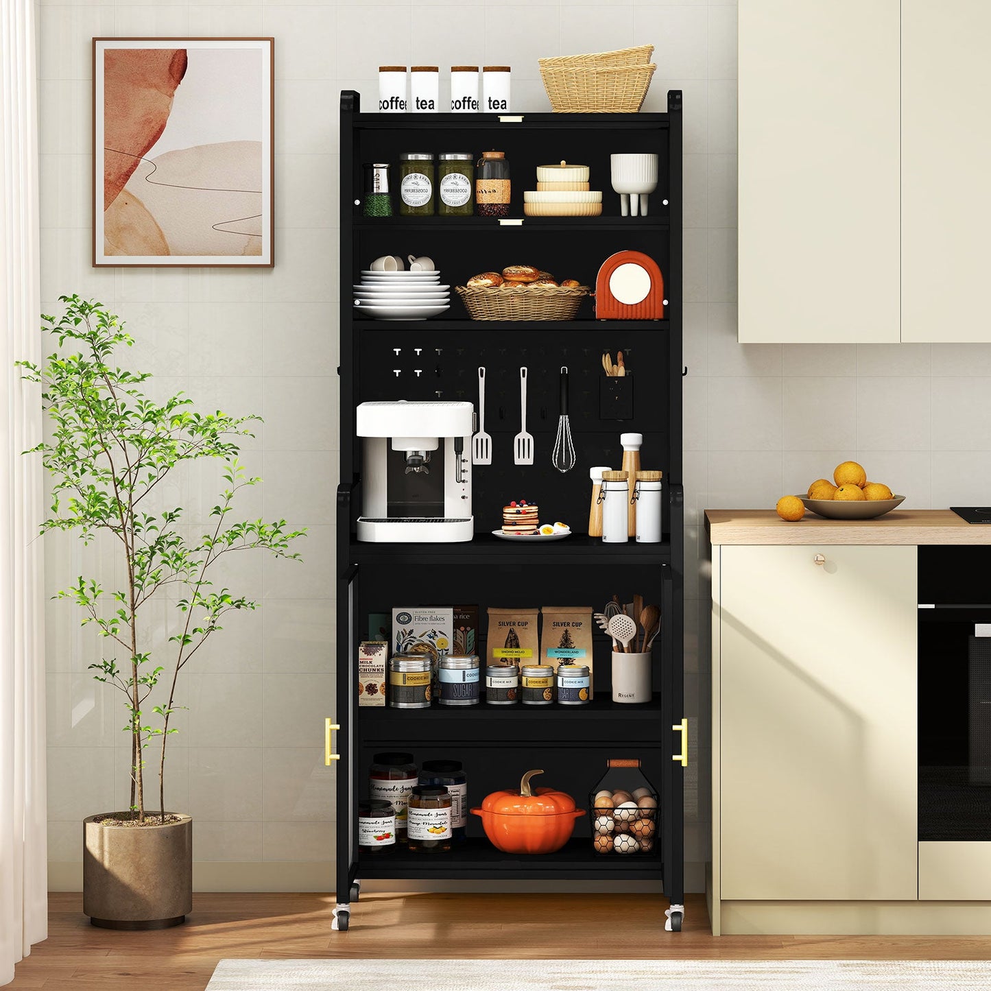 Kitchen Pantry Storage Cabinet with Large Countertop-Black