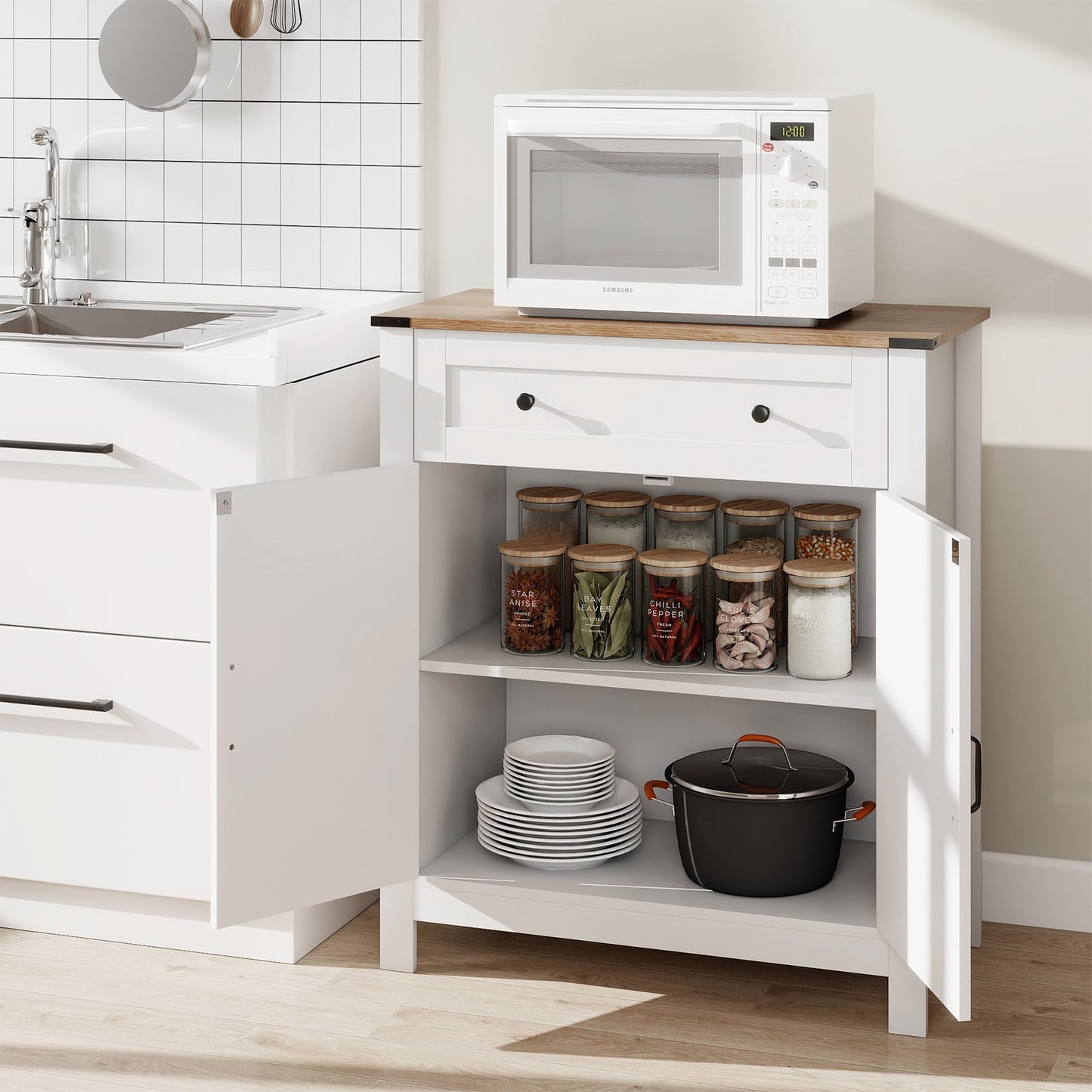Kitchen Pantry Storage Cabinet with Drawer and Adjustable Shelf-White
