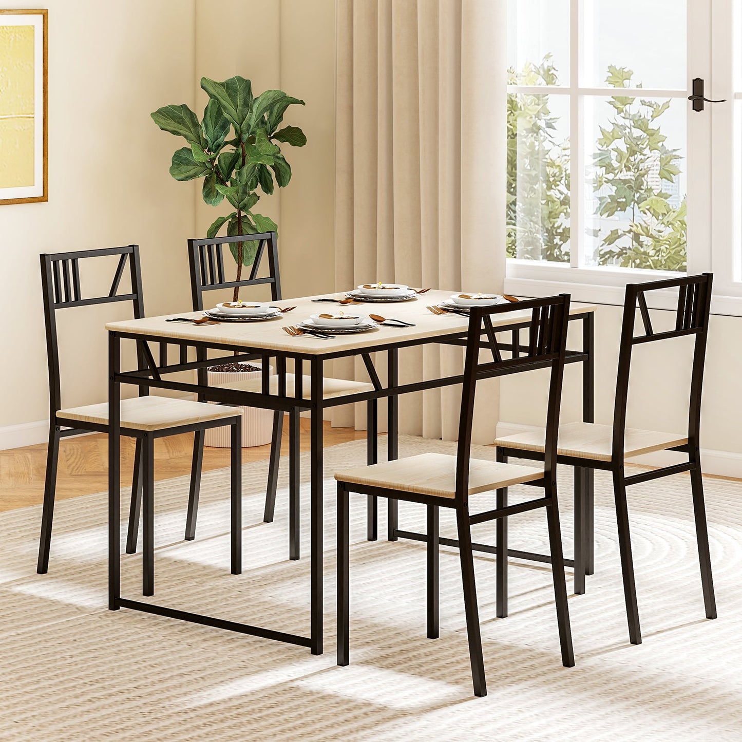 Industrial-Style Kitchen Table and 4 Chairs with Wood Like Tabletop and Metal Frame-Natural