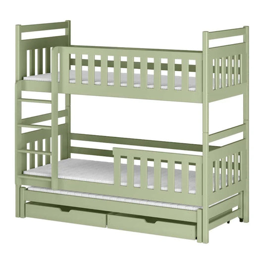 Green bunk bed with white mattress on a white background
