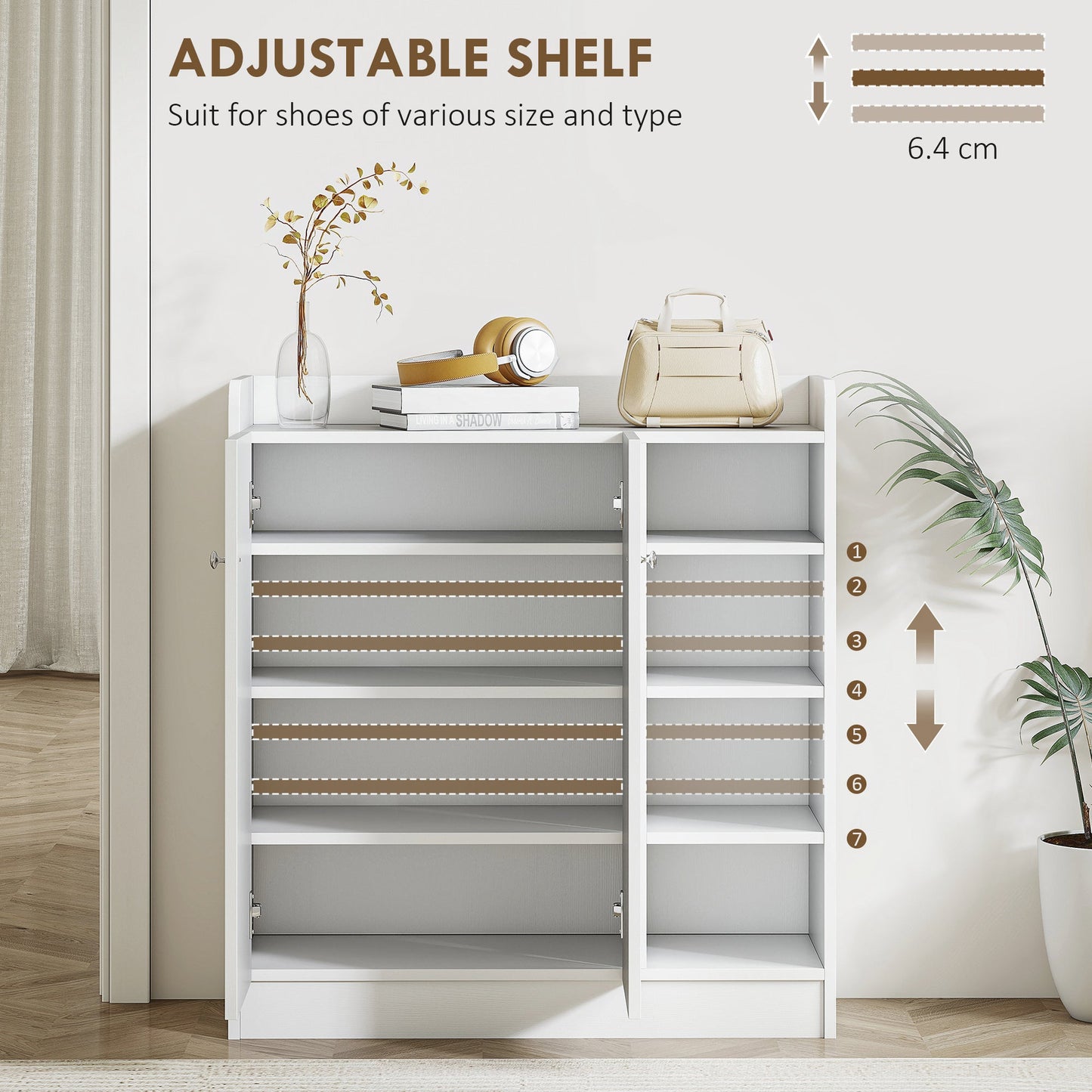 HOMCOM Shoe Storage Cabinet Two Doors w/ Adjustable 4 Shelves Cupboard Footwear Rack Stand Organiser Hallway White