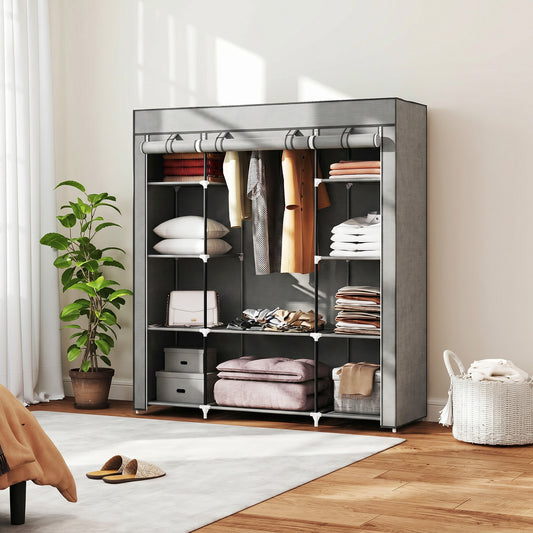 HOMCOM Clothes Storage Organiser with Hanging Rail, Shelves, Portable Wardrobe, Foldable Fabric Wardrobe, Light Grey