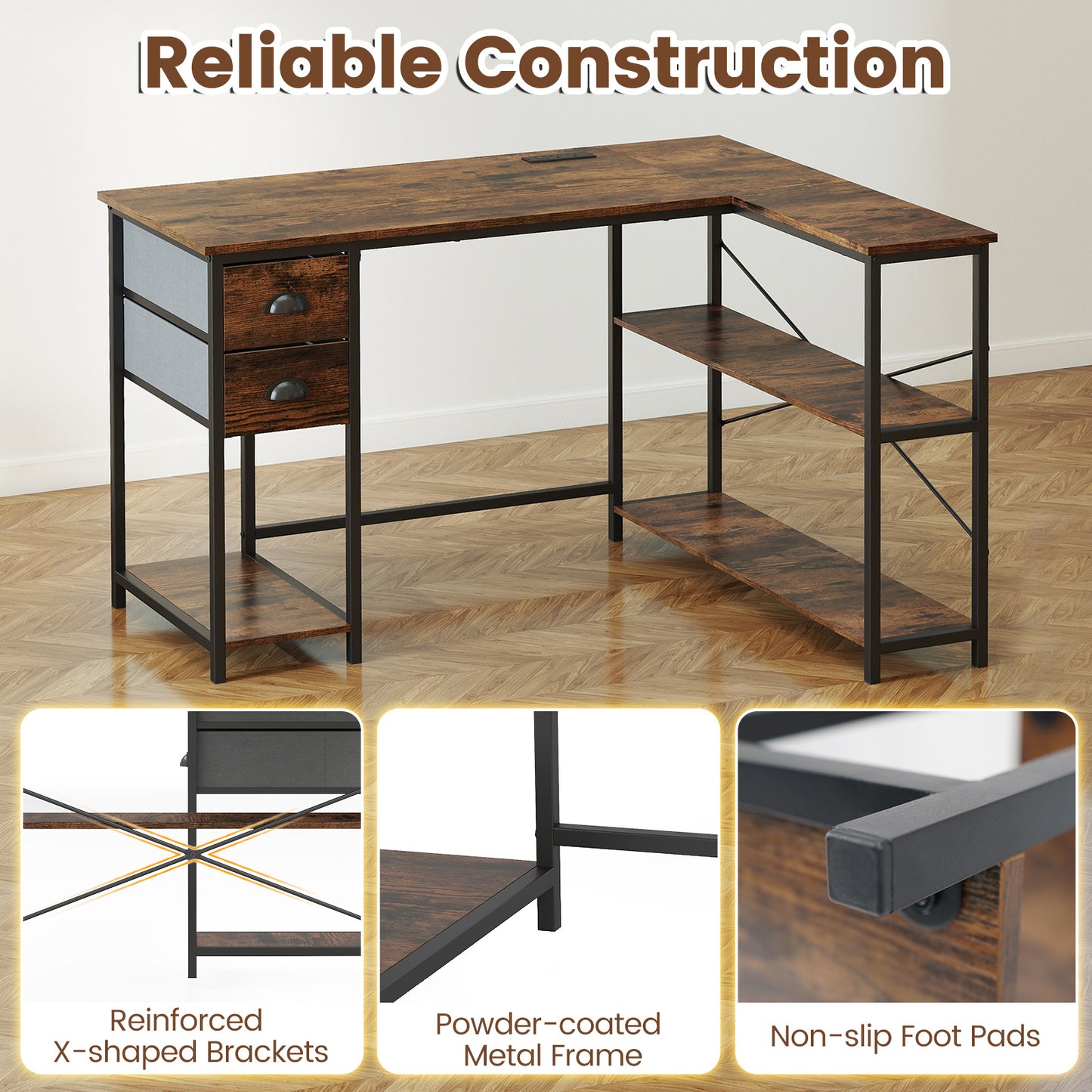 L Shaped Desk with Charging Station and 2 Fabric Drawers for Small Space-Rustic Brown