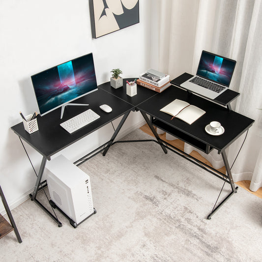 L-Shaped Computer Desk with Movable Host Stand and Removable Monitor Shelf-Black