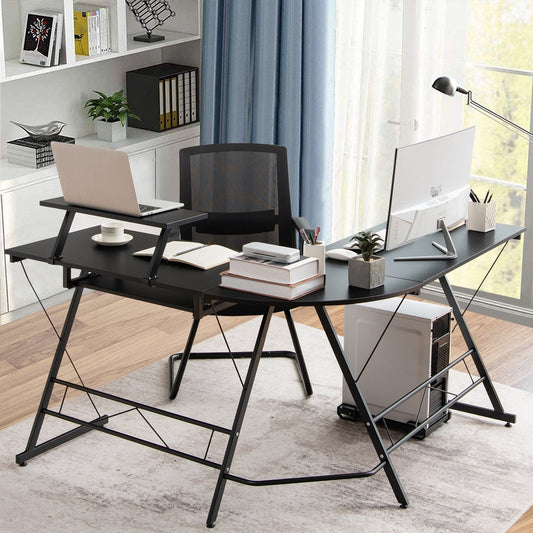L-Shaped Computer Desk with Movable Host Stand and Removable Monitor Shelf-Black