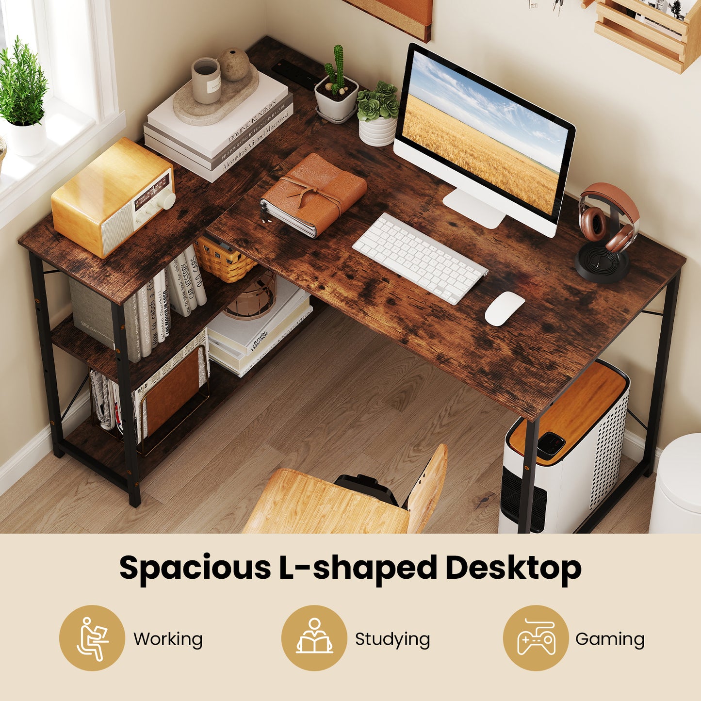 L-shaped Desk with Power Outlet with Reversible Adjustable Storage Shelves-Rustic Brown