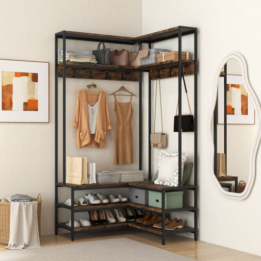 Corner Garment Rack with Open Shelves and 7 Hooks Shoe Bench-Rustic Brown