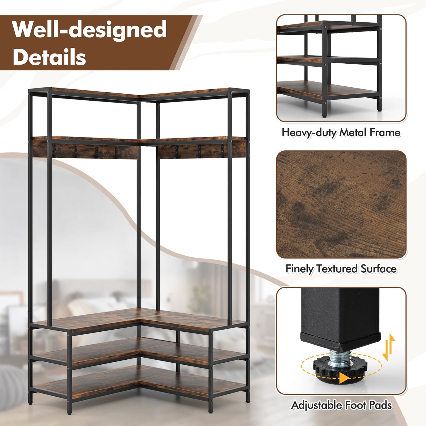 L-shaped Clothes Corner Garment Rack with Open Shelves and 7 Hooks-Rustic Brown