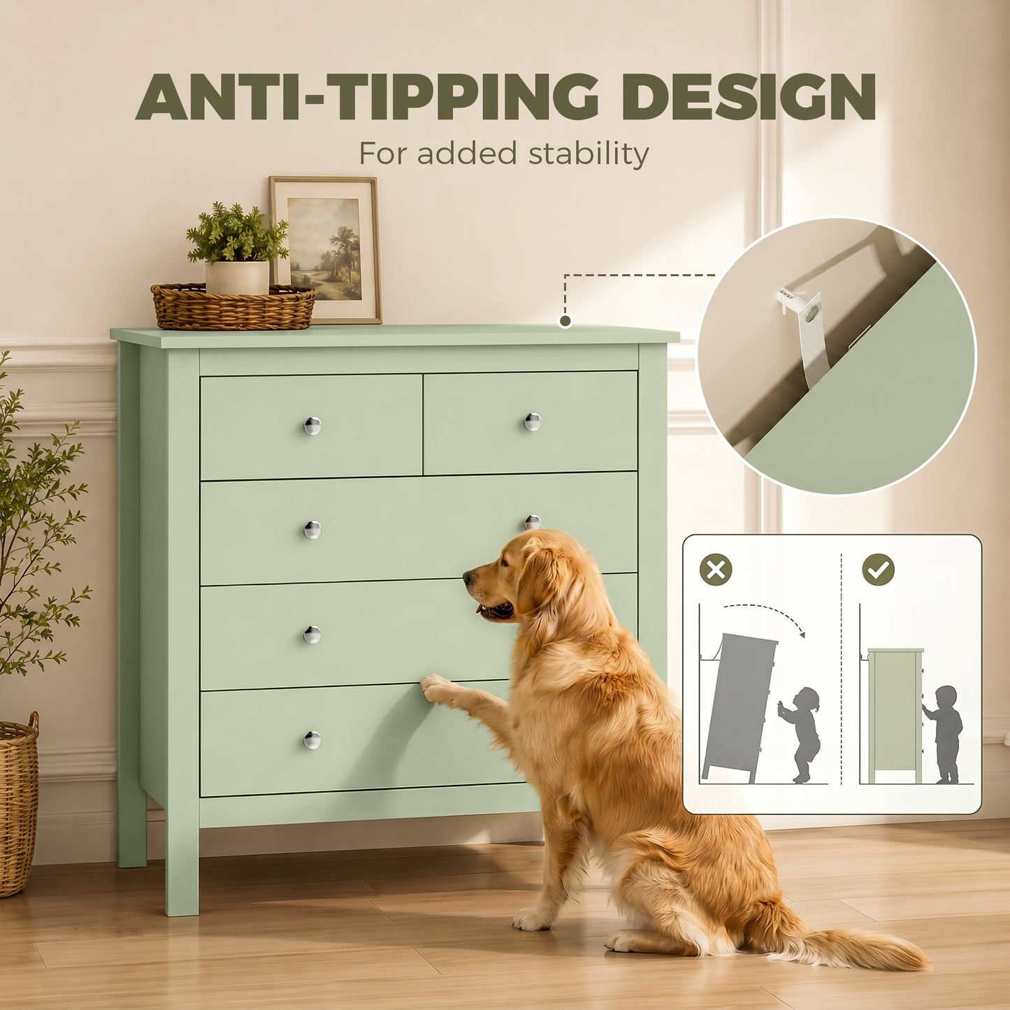 HOMCOM 5 Drawer Dresser for Bedroom, Modern Chest of Drawers, Wide Storage Unit for Living Room, Hallway, Sage Green