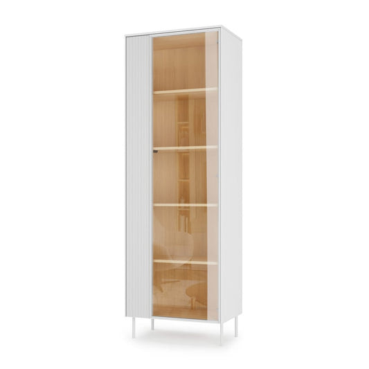 Tall white cabinet with wooden interior on a white background