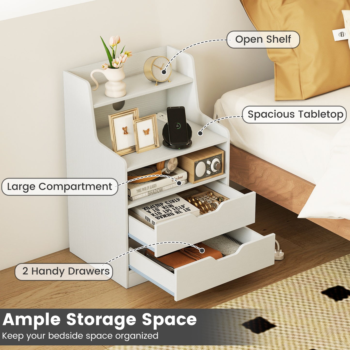LED Nightstand with Charging Station 2-Drawer Bedside Table with Open Shelf Set of 2-White