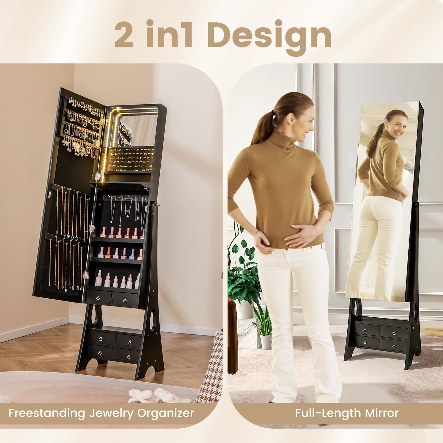 3-Color LED Lighted Jewelry Cabinet with Full-Length Mirror and Adjustable Tilt Angles-Black