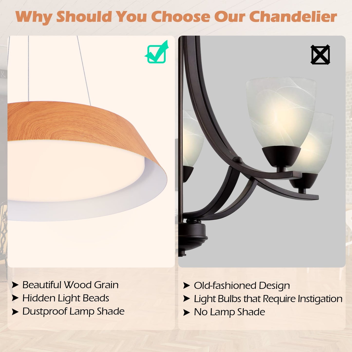 22W Modern Ceiling Light with Wood Grain and Metal Frame-Natural