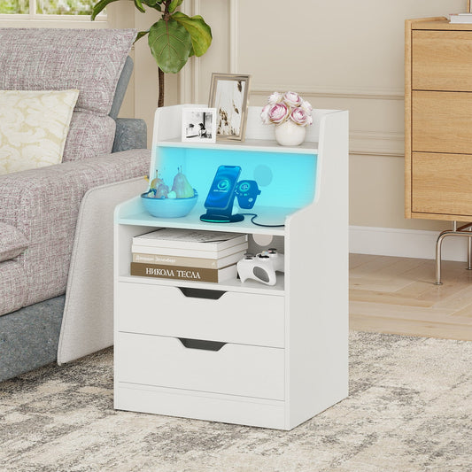 LED Nightstand with Charging Station 2-Drawer Bedside Table with Open Shelf-White