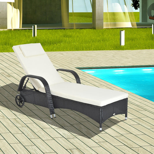 Outsunny Rattan Sun Lounger, Garden Lounger Recliner with Wheels and Adjustable Backrest, Outdoor Reclining Sunbed Garden Chair with Cushion and Headrest for Patio, Beach, Terrace, Black