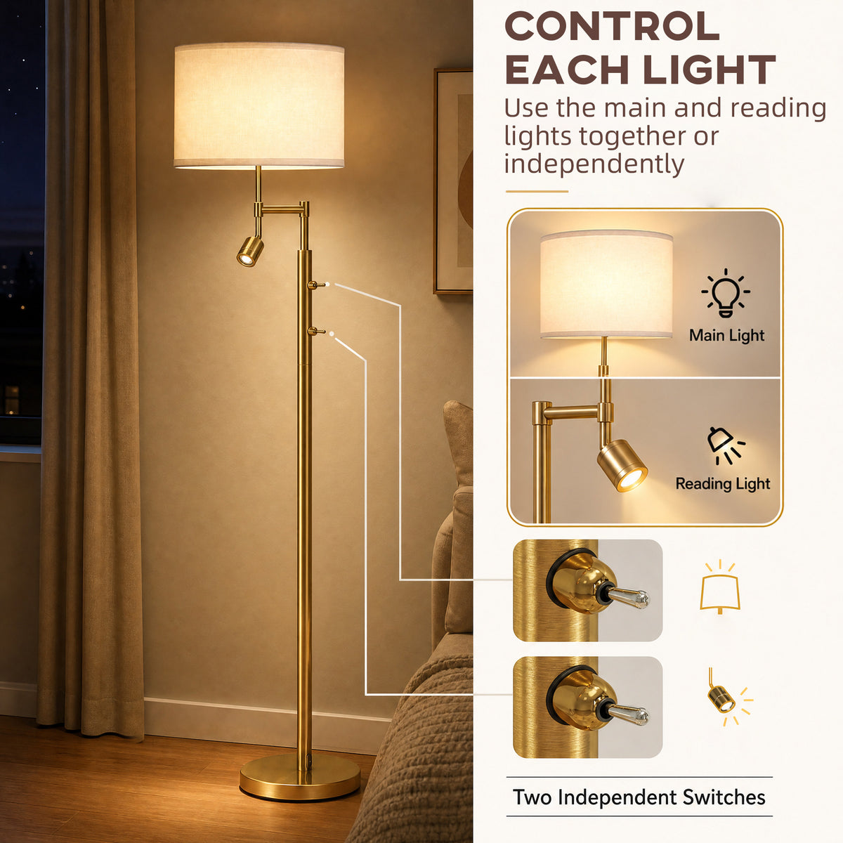 HOMCOM Modern Floor Lamp with Built-In Reading Light, Standing Lamp with Independent Switch, Copper